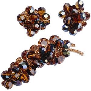 VTG Juliana Mid Century Cha Cha Brooch Earrings Set Gold Tone AB Beads Root Beer